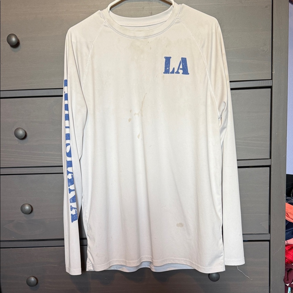 White Long Sleeve Shirt with Blue Accents